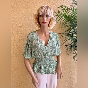 Sienna Sky green & white print ruffled blouse  top